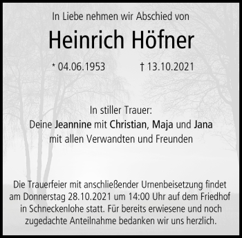 Traueranzeige von Heinrich Höfner von Neue Presse Coburg