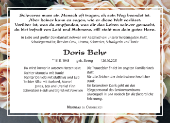 Traueranzeige von Doris Behr von Südthüringer Presse