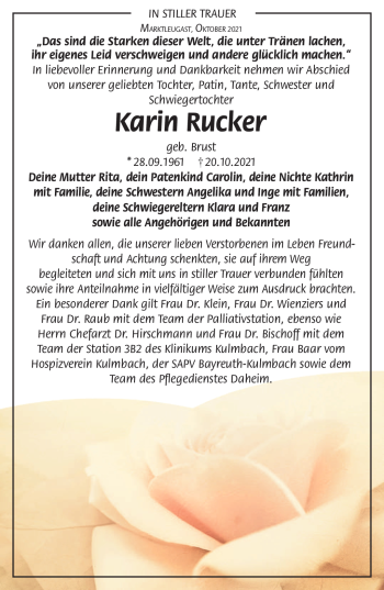 Traueranzeige von Karin Rucker von Frankenpost