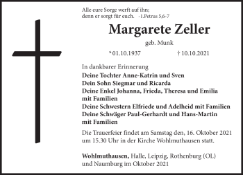 Traueranzeige von Margarete Zeller von Südthüringer Presse