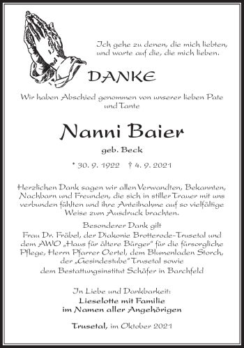 Traueranzeige von Nanni Baier von Südthüringer Presse