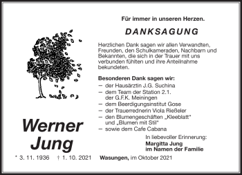 Traueranzeige von Werner Jung von Südthüringer Presse