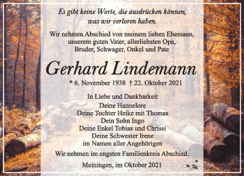 Traueranzeige von Gerhard Lindemann von Südthüringer Presse