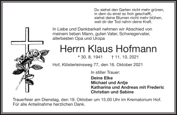 Traueranzeige von Klaus Hofmann von Frankenpost