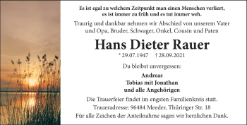 Traueranzeige von Hans Dieter Rauer von Neue Presse Coburg