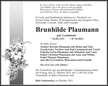 Traueranzeige von Brunhilde Plaumann von Südthüringer Presse