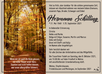 Traueranzeige von Hermann Schilling von Südthüringer Presse