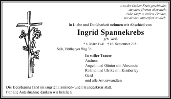 Traueranzeige von Ingrid Spannekrebs von Frankenpost