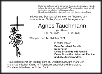 Traueranzeige von Agnes Tauchmann von Frankenpost