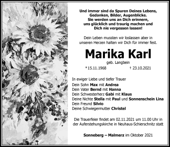 Traueranzeige von Marika Karl von Südthüringer Presse