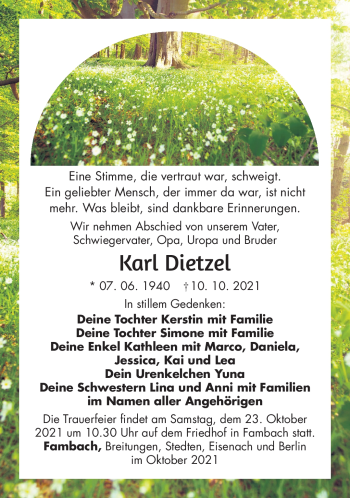 Traueranzeige von Karl Dietzel von Südthüringer Presse