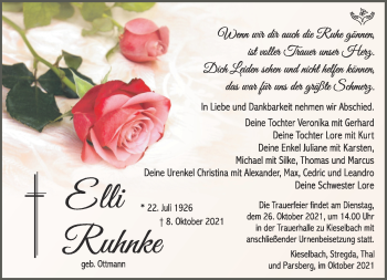 Traueranzeige von Elli Ruhnke von Südthüringer Presse