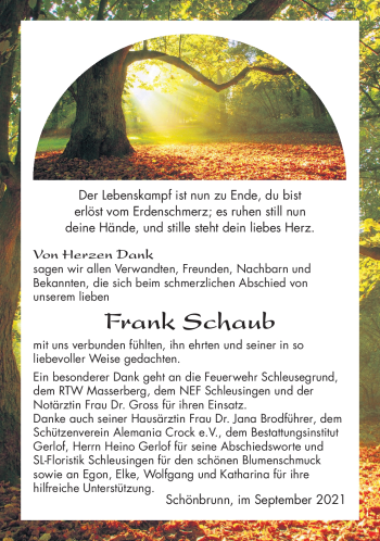 Traueranzeige von Frank Schaub von Südthüringer Presse