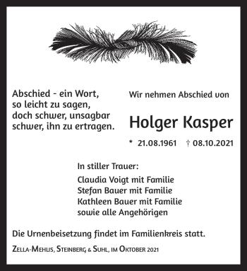 Traueranzeige von Holger Kasper von Südthüringer Presse