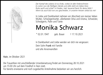Traueranzeige von Monika Schwarz von Neue Presse Coburg