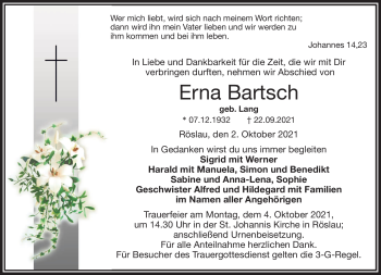 Traueranzeige von Erna Bartsch von Frankenpost