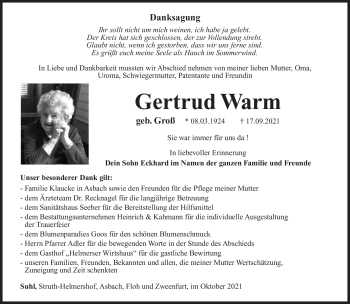 Traueranzeige von Gertrud Warm von Südthüringer Presse