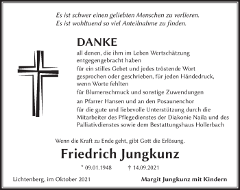 Traueranzeige von Friedrich Jungkunz von Frankenpost