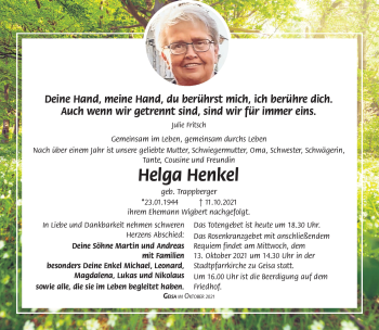 Traueranzeige von Helga Henkel von Südthüringer Presse
