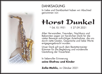 Traueranzeige von Horst Dunkel von Südthüringer Presse