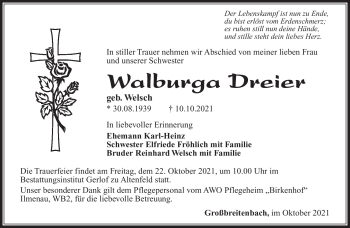Traueranzeige von Walburga Dreier von Südthüringer Presse