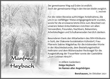 Traueranzeige von Manfred Heybach von Südthüringer Presse