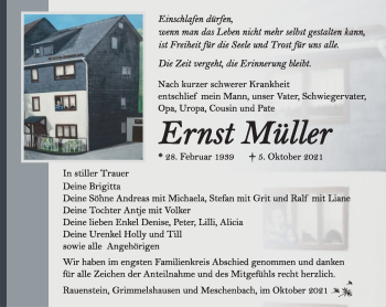 Traueranzeige von Ernst Müller von Südthüringer Presse