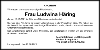 Traueranzeige von Ludwina Häring von Neue Presse Coburg