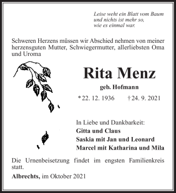 Traueranzeige von Rita Menz von Südthüringer Presse