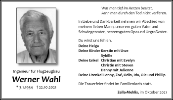 Traueranzeige von Werner Wahl von Südthüringer Presse