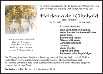 Traueranzeige von Heidemarie Kühnhold von Südthüringer Presse