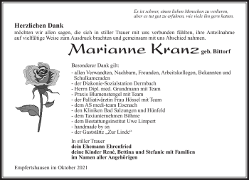 Traueranzeige von Marianne Kranz von Südthüringer Presse
