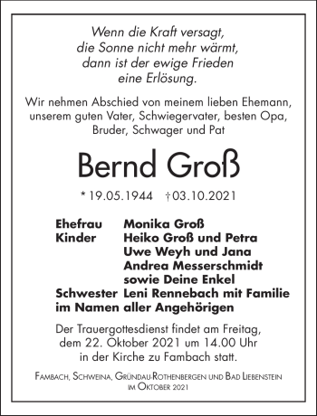 Traueranzeige von Bernd Groß von Südthüringer Presse