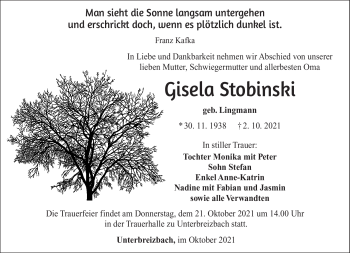 Traueranzeige von Gisela Stobinski von Südthüringer Presse