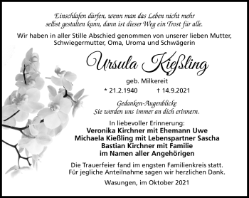 Traueranzeige von Ursula Kießling von Südthüringer Presse
