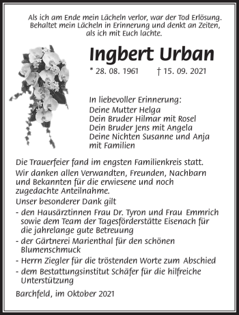 Traueranzeige von Ingbert Urban von Südthüringer Presse