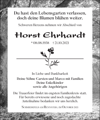 Traueranzeige von Horst Ehrhardt von Südthüringer Presse