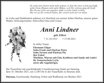 Traueranzeige von Anni Lindner von Südthüringer Presse