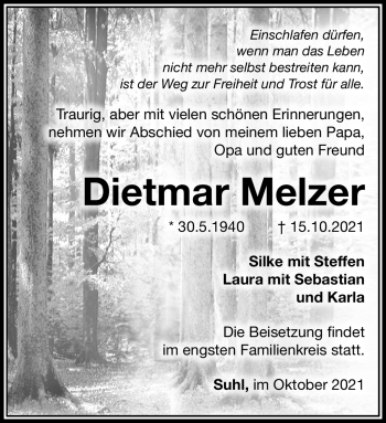 Traueranzeige von Dietmar Melzer von Südthüringer Presse