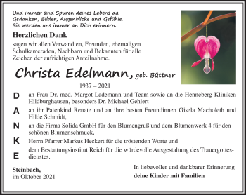 Traueranzeige von Christa Edelmann von Südthüringer Presse