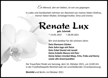Traueranzeige von Renate Lux von Südthüringer Presse