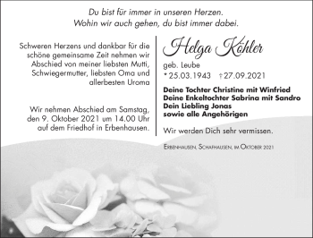 Traueranzeige von Helga Köhler von Südthüringer Presse