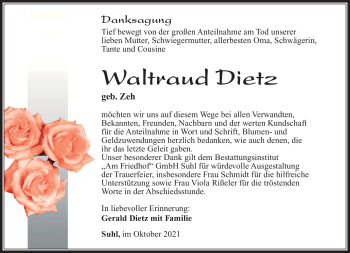 Traueranzeige von Waltraud Dietz von Südthüringer Presse
