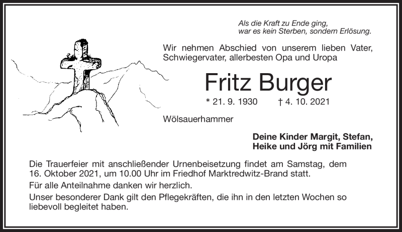  Traueranzeige für Fritz Burger vom 09.10.2021 aus Frankenpost
