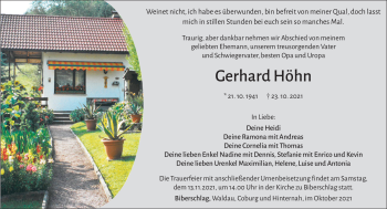 Traueranzeige von Gerhard Höhn von Südthüringer Presse