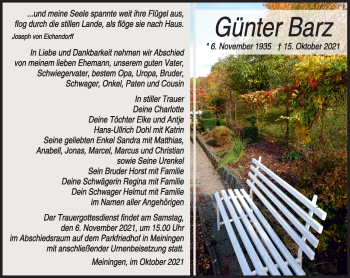 Traueranzeige von Günter Barz von Südthüringer Presse