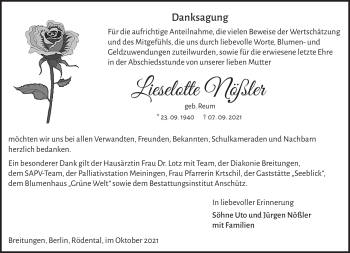 Traueranzeige von Lieselotte Nößler von Südthüringer Presse