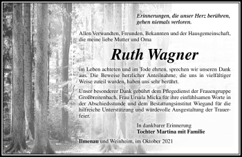 Traueranzeige von Ruth Wagner von Südthüringer Presse