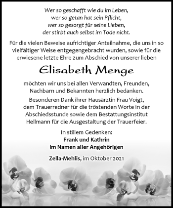 Traueranzeige von Elisabeth Menge von Südthüringer Presse