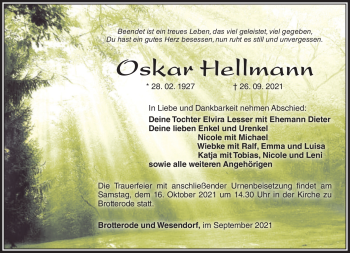Traueranzeige von Oskar Hellmann von Südthüringer Presse